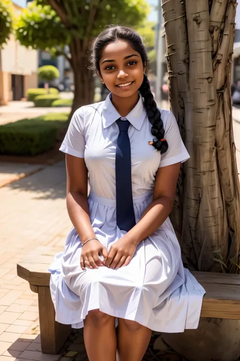 A beautiful teenage girl wearing a white  frock and an orange colour tie sitting on a bench holding a bunch of flowers from both of her hands looking at the viwer with a nice smile. Attractive feminine form. DSLR quality realistic image. background bokeh.