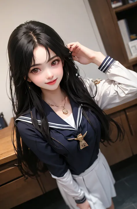 Overall light pastel tones　high school girl、Sailor suit、whole body、Are standing、Excited face、smile、Ecstasy、photograph、masterpiece、highest quality、Medium sized breasts、Tight waist、Black Hair、Woman with long hair　Round eyes　A tall woman with a very beautiful...