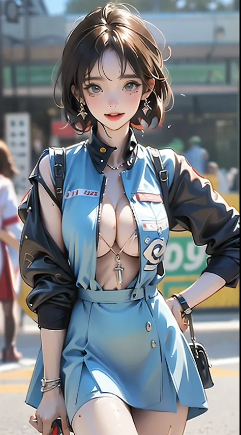 Anime girl in blue dress, oppai, biomechanical oppai,  in dress, oppai proportions, Ecchi, Big breasts!!, with a big chest, pixiv 3dcg, Big breasts!, (SFW) safe for work, Ecchi anime style, Beasts, Seductive Anime Girl, 1girl huge large breasts,、((top-qual...