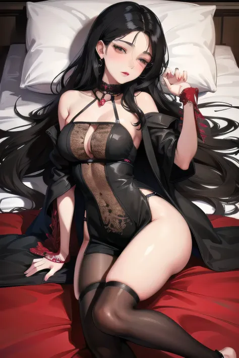 Sexy woman, long straight black hair, sheer maroon kurta with black embroidery, lustful look, sultry pose, lying on bed, head on pillow, facing up 