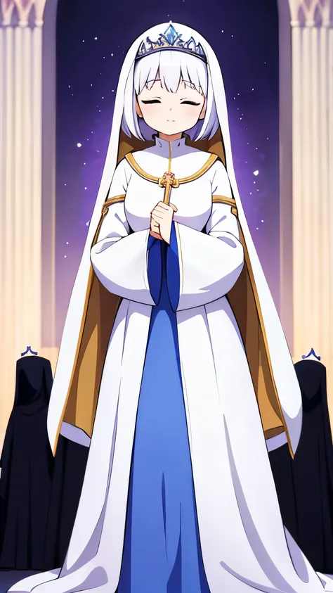 saint,Sister,Adult women,White long-sleeved dress,Wearing a veil,tiara,Eyes closed,White Short Hair,Standing with arms folded in front of one another,Uses healing magic,Final Boss