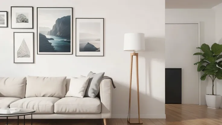 interior living room, gallery wall frame mockup in a white room with modern furniture