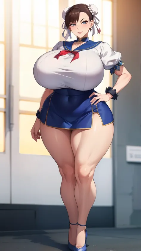 Big Breasts, Big Hips, Full Body Shot, Mature mother, Voluptuous thighs, ox, Seductive mature woman, Perfect body, Plus Size Model, Sailor suit, Wearing high heels,Miniskirt Uniform, Chunli,