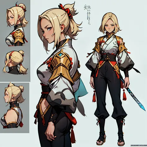 Close-up of a blonde girl in a samurai costume, ((character concept art)), ((character design sheet, same character, front, side, back)) maple story character art, video game character design, video game character design, maple story gun girl, expert high ...