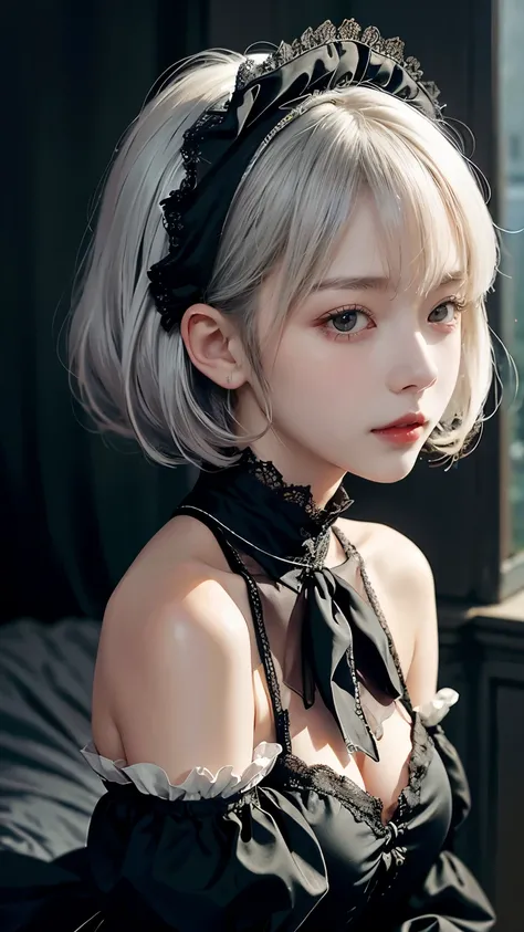 Please draw a super beautiful girl with short white bob hair wearing a gothic lolita outfit.。She exudes an elegant and dark vibe.、She exudes a unique beauty in Gothic Lolita fashion.。Her white hair is tied up in a neat short bob.、It highlights her individu...