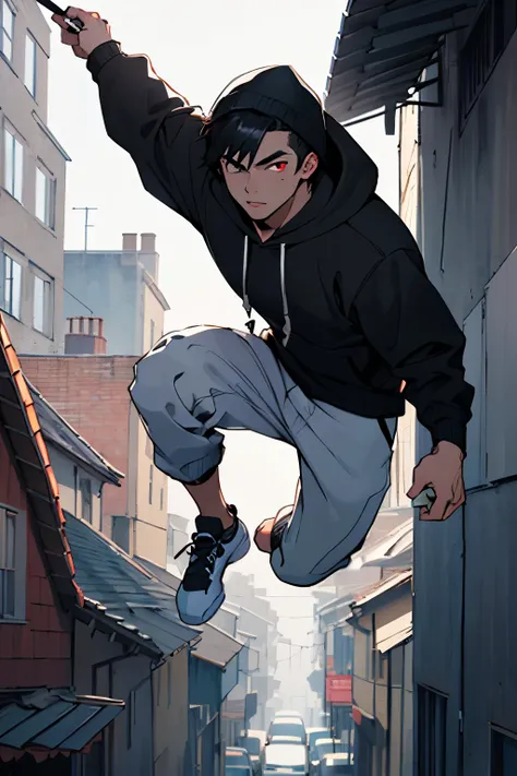 ((Best quality)), ((masterpiece)), (detailed), perfect face,((boy))
Skeleton guy, with black hair, in a black hoodie,red-eyed.Jumping from the roof