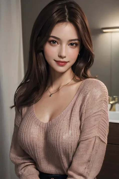 ((Night, Realistic Light, Best Quality, 8K, Masterpiece: 1.3)), 1girl, Slim Beauty: 1.4, (Brown hair, Medium breasts: 1.3), Long pink sweater: 1.1, Bathroom, Super fine face, Delicate eyes, Double eyelids, smile, necklace