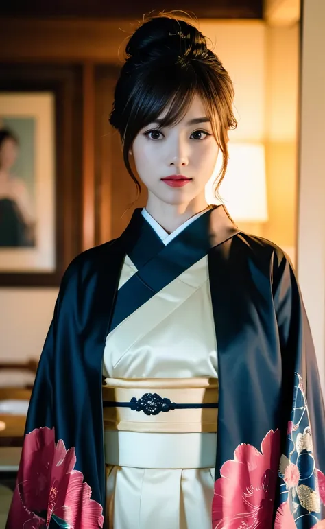 ((The streets of Kyoto as night falls during the Edo period,A beautiful young geisha walking through a town lit by lanterns on an unpaved street)),(((The collar of the formal Japanese kimono, with its black pattern, is pulled back, revealing the beautiful ...