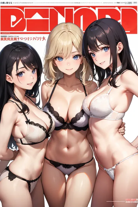 , ( 5 milf idol girls alongside ), magazine cover, multiple girls, 18-years old, Looking afar, white background, simple background,  lingerie, (miko:1.4), (thong panty ), (Big breasts), Black hair, Blonde hair, Beige hair, (scorn smile:1.3), Opened cloth ,...