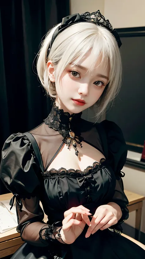 Please draw a super beautiful girl with short white bob hair wearing a gothic lolita outfit.。She exudes an elegant and dark vibe.、She exudes a unique beauty in Gothic Lolita fashion.。Her white hair is tied up in a neat short bob.、It highlights her individu...