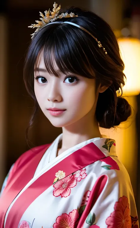 ((The streets of Kyoto as night falls during the Edo period,A beautiful young geisha walking through a town lit by lanterns on an unpaved street)),(((The collar of the black patterned kimono kimono is pulled back, revealing the white nape of the neck.,Expe...