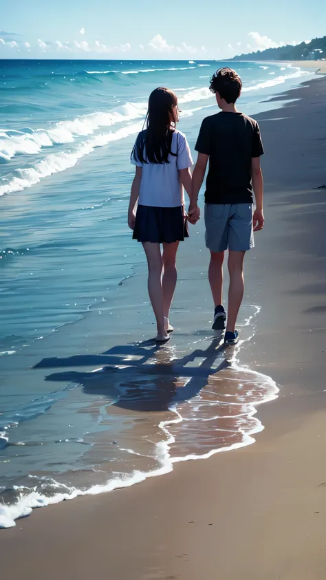 A pair of teenagers walking hand in hand on the beach, Sea view background, clear sky background