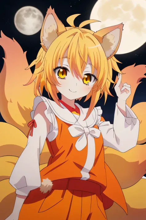 una chica kizuna muy kawaii con piel color crema, yellow hair color and wearing an orange fighting dogi of goku and with fox ear...