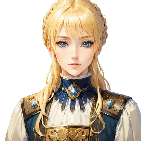 Anime-style image of a blonde, blue-eyed woman, Portrait of a girl in the Knights of the Zodiac, Vivid RPG Portraits, Beautiful female priest, portrait knight woman, April Rendering, Inspired by Valeria Dennes, portrait of female paladin, Inspired by Le Ch...