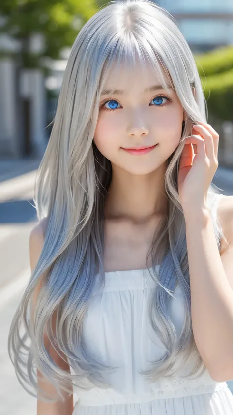 Shining, clear, white skin、Her windblown silver hair hides her beautiful face.、huge、28 years old cute sexy little beautiful face、Beautiful straight hair that stands out、growing up, Sparkling light blue eyes、long silky bangs that cover cute eyes, Sexy and c...