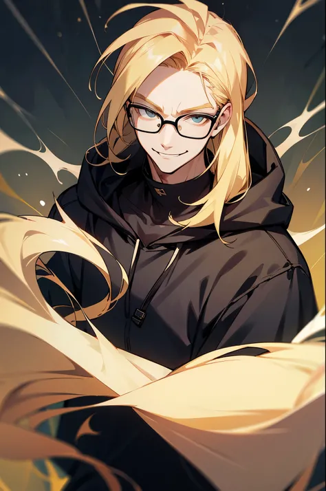 man wearing glasses, wearing a black hoodie, blonde hair, smirking
