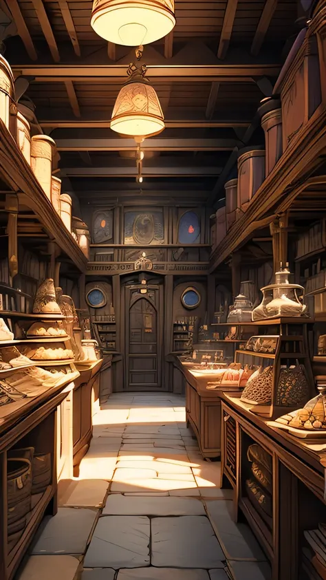 Magic shop interior in a historical setting, Front view, Harry potter, Diagon Alley, Showcase, texture, Maximum details, Pertate board, unmanned, highest quality, masterpiece, Magic Potion, Mythical creatures