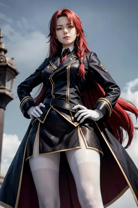 masterpiece, highest quality,  iris midgar, black coat, black uniform, long sleeve, gold border, black skirt, white pantyhose, b...