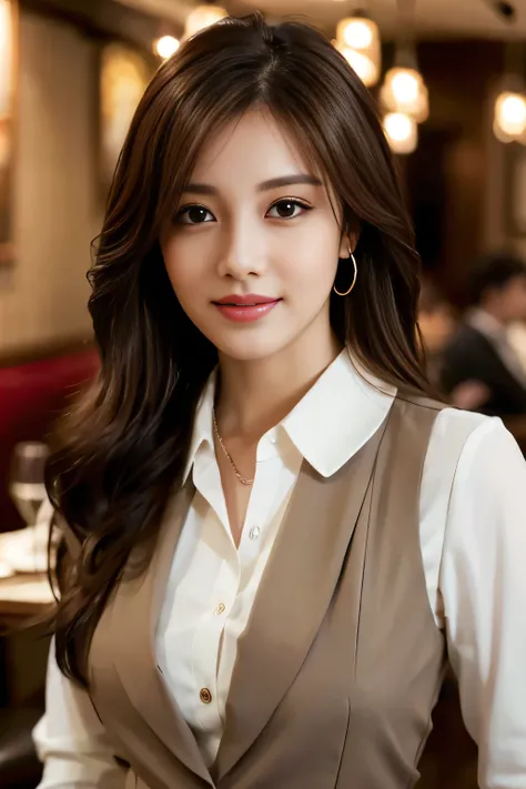 masterpiece, highest quality, Realistic, Very detailed, The finer details, High resolution, 8k wallpaper, One beautiful woman, Wear casual business attire, In a great restaurant, At night, Light brown messy hair, Perfect dynamic composition, Beautiful and ...