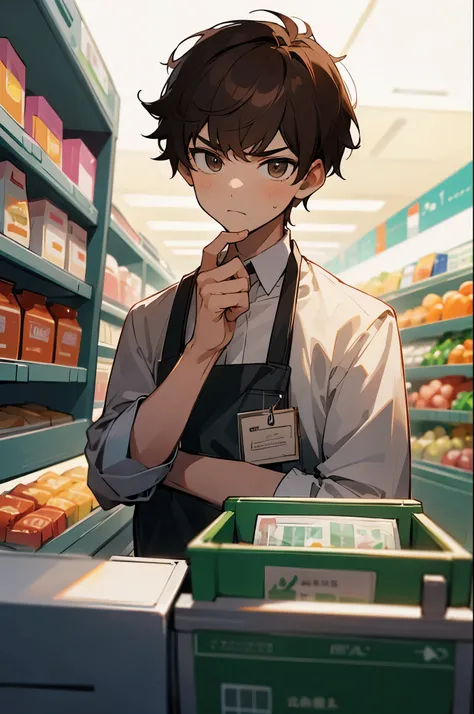 1boy, supermarket, cute, beautiful face, upper body, cashier, supermarket cashier, brown hair, medium hair, serious face,