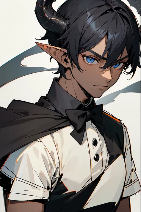 1boy,20,mature male,solo,serious,((dark skin)),((black shirt,short sleeves,black bow tie)),Short hair,black hair,elf ears,(horns),(white background, line drawing),portrait
