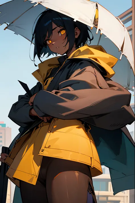 natsumikurobe, natsumi kurobe, short hair, black hair, (yellow eyes:1.3), (slit pupils:1.5), dark skin, dark-skinned female, BREAK jacket, pants, hood, zipper, tomboy, BREAK outdoors, city, BREAK looking at viewer, (cowboy shot:1.5), BREAK (masterpiece:1.2...