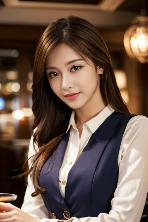 masterpiece, highest quality, Realistic, Very detailed, The finer details, High resolution, 8k wallpaper, One beautiful woman, Wear casual business attire, In a great restaurant, At night, Light brown messy hair, Perfect dynamic composition, Beautiful and ...