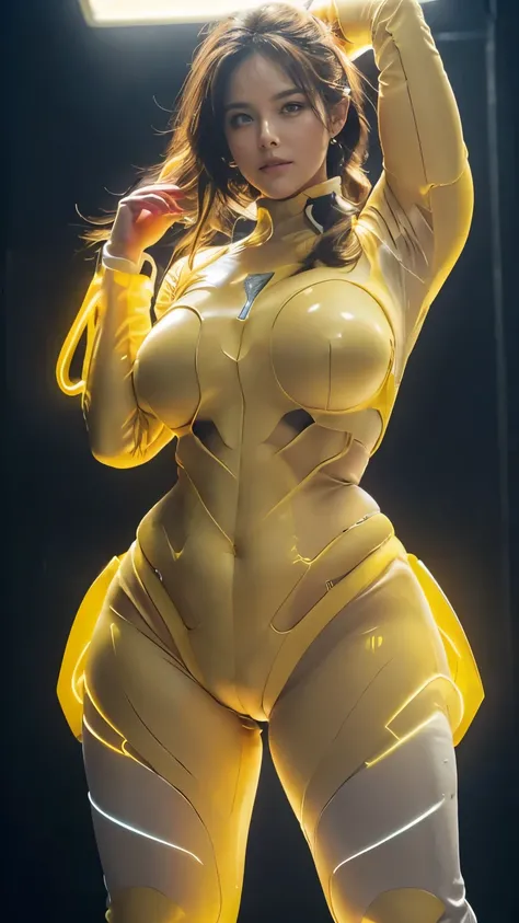 (highest quality、8k、32k、masterpiece、Ultra-high resolution:1.2、Perfect body beauty:1.2、Wearing a futuristic hero suit that glows pale yellow and white:1.5、Cute 25 year old White woman、Big and ample breasts:1.5、Upper Body、front、Simple Background、Looking at t...