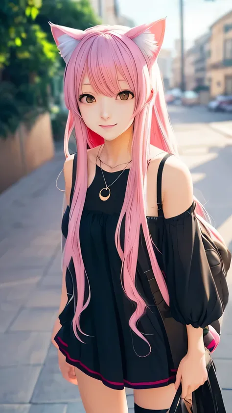 There is a woman with pink hair and cat ears., Very beautiful cute cat girl, Charming cat girl, Real life anime girls, Ultra realistic anime, beautiful Anime cat girl, Anime cat girl, Beautiful young cat girl, Very Beautiful Anime Cat Girl, Surreal , Encha...