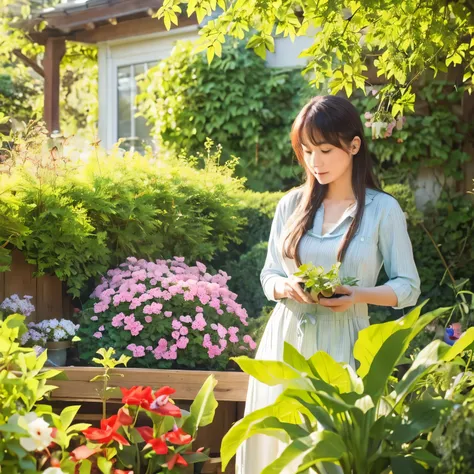 gardening、The stern expression of a particular female gardener、Butterflies and plants、April morning light、reality