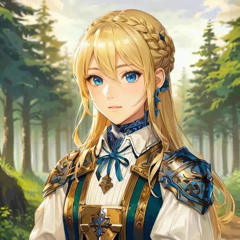 Anime girl with blonde hair and blue eyes in the forest, Portraiture knight female, crisp clear Roleplaying Portraiture, Artoria Pendragon, Portraiture of female paladin, Inspired by Le Chevalier, Beautiful female priest, epic Roleplaying Portraiture, Ksch...