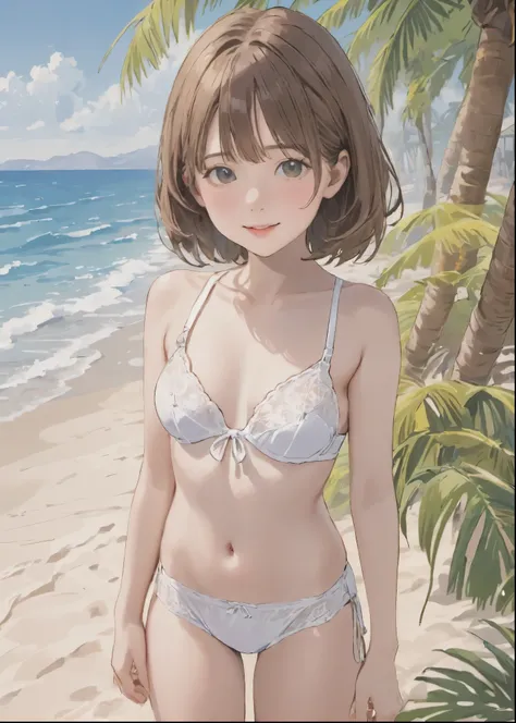 ((photorealistic background:1.5)),((Gravure idol pose:1.3)), (Small breasts:1.1), At the Beach, Palm tree, cute, Little, Kindergarteners, 5 heads, , (masterpiece, highest quality, 4K:1.2), ((One girl;1.3)), ((alone:1.0)), Beauty, cute, ((Sexy white underwe...