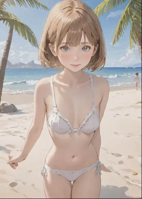 ((photorealistic background:1.5)),((Gravure idol pose:1.3)), (Small breasts:1.1), At the Beach, Palm tree, cute, Little, Kindergarteners, 5 heads, , (masterpiece, highest quality, 4K:1.2), ((One girl;1.3)), ((alone:1.0)), Beauty, cute, ((Sexy white underwe...