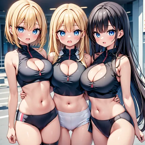 (cute eyes:1.2), (sparkling eyes:1.2), highest quality,wonderful,finely,extremely detailed CG Unity 8K wallpaper, (Stand in line:1.2), (3 girls, clothed), (competition swimsuit :1.1), (cleavage cutout:1.7), (crop top navel:1.7), (midium breasts), (open mou...