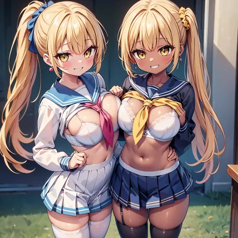 highest quality,wonderful,finely,extremely detailed CG Unity 8K wallpaper, (1 Girl,blonde, Yellow Eyes, Low Ponytail, Scrunchie, Earrings、Wicked Smile), (Grin:1.1), ((Brown Skin:1.2), (midium breasts:1.1),(sailor uniform:1.3), (bra lift:1.2), (zettai ryoui...