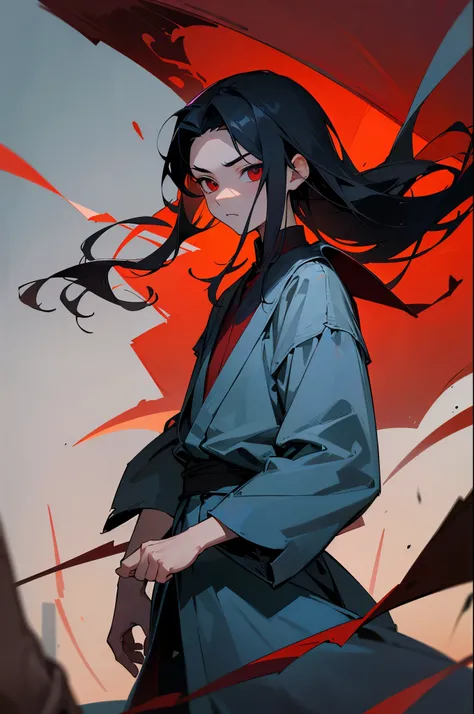 A young boy, fourteen or fifteen years old, a young boy, fourteen or fifteen years old, very thin and thin, delicate facial features, ancient Chinese, dressed in red, rarely speaks, long black hair, slightly murderous eyes, red eyes, the environment is ble...