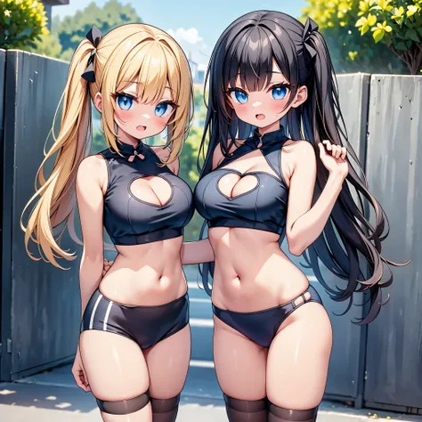 (cute eyes:1.2), (sparkling eyes:1.2), highest quality,wonderful,finely,extremely detailed CG Unity 8K wallpaper, (Stand in line:1.2), (3 girls, clothed), (competition swimsuit :1.1), (cleavage cutout:1.7), (crop top navel:1.7), (midium breasts), (open mou...