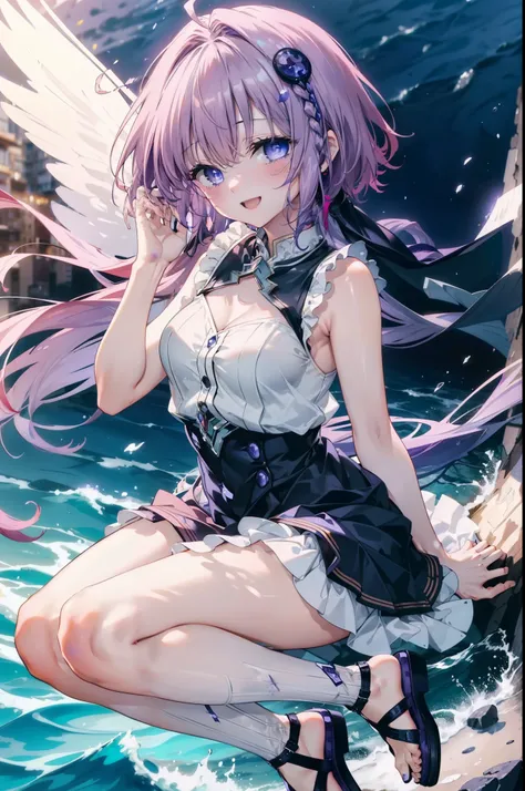 Mare, to loveる, Long Hair, Red Hair, (Purple eyes:1.5) ,Medium chest,White Hair Band,Sleeveless dress,Long skirt,Cute Sandals,happy smile, smile, Open your mouth,smile,blush,
壊す looking at viewer,
Destroy outdoors, Coastal Pass,City Street Destroy (masterp...