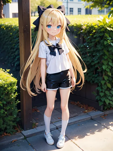 Blonde, long hair, blue eyes, black hair bows, two bows, light blue shirt, white shorts, black leggings, happy, cheery, day, outside, white shoes, flat, short, standing 