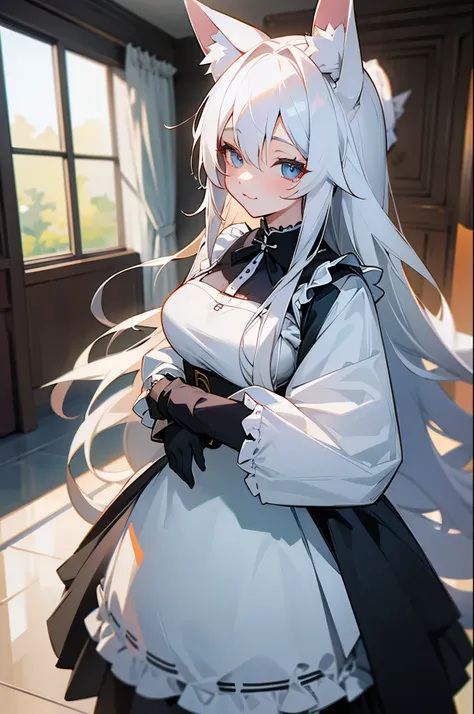 Masterpiece, Best quality, 1girll, White hair, Long hair, Fox ears, Open eyes, view the viewer, :3, Large, Exposed maid outfit, In the room,
