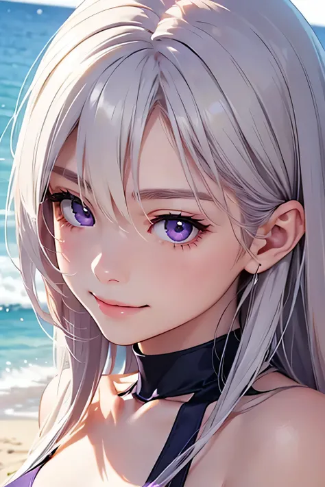 highest quality、Realistic、Women、Japanese、zoom、look up、cute、smile、Ocean、Purple eyes、Platinum Blonde Hair、Long hair、Swimwear、Face close-up、slender、Small breasts