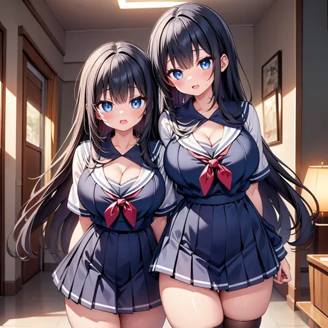 (cute eyes:1.2), (sparkling eyes:1.2), highest quality,wonderful,finely,extremely detailed CG Unity 8K wallpaper, (Stand in line:1.2), (3 girls, Black Hair, cute eyes, sailor uniform, clothed), (cleavage cutout:1.3), (huge breasts), (open mouth:1.1), (long...