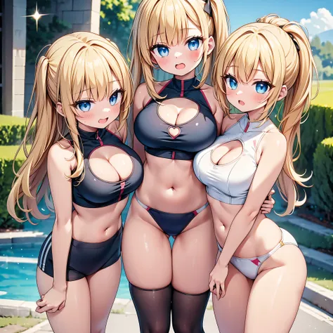 (cute eyes:1.2), (sparkling eyes:1.2), highest quality,wonderful,finely,extremely detailed CG Unity 8K wallpaper, (Stand in line:1.2), (3 girls, clothed), (competition swimsuit :1.1), (cleavage cutout:1.5), (crop top navel:1.5), (midium breasts), (open mou...