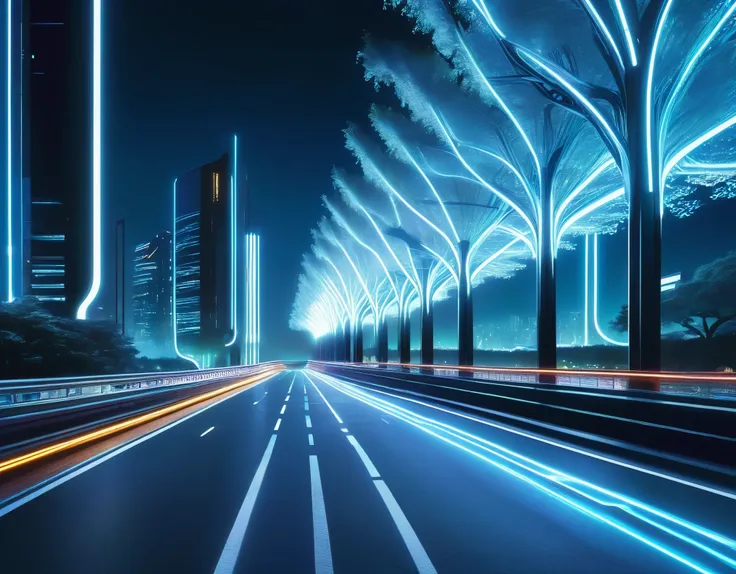 Visualize a (((futuristic road))), alive with ((moving cars)), emitting a soft (((blue light beam))), with intricate details that reflect a sense of advancement, accompanied by (trees lining the sides) and a (modern building) in the distance, alongside a (...