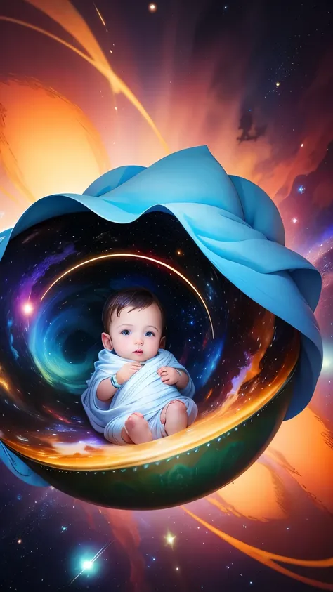 A baby wrapped in a sacred cloth floating in the air, colorful universe behind, 