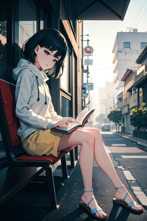 anime girl sitting on balcony reading a book in the city, lofi girl, lofi artstyle, atey ghailan 8 k, inspired by Atey Ghailan, anime art wallpaper 8 k, lofi art, in style of atey ghailan, anime art wallpaper 4k, anime art wallpaper 4 k, makoto shinkai cyr...