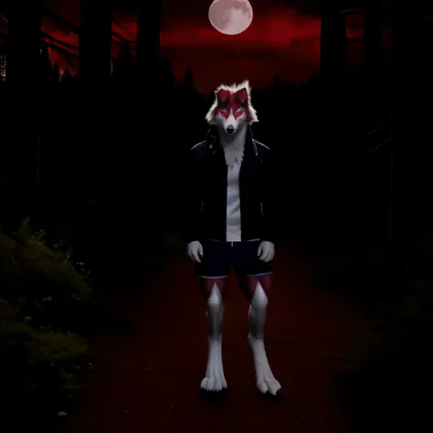 (artwork), photo of a real life, detailed eyes, midnightlycanroc, feral, pokemon, fur, tuft, red eyes, full body, red moon, volu...