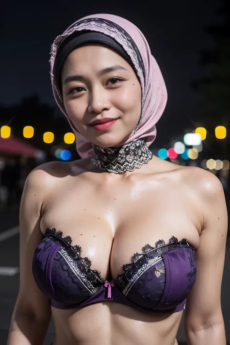 ((Huge Breasts:1.6)), (from behind up) seductive pose, ((Old lady:1.8)), (Happy smile), (((HIJAB MALAY GIRL))), masutepiece, High quality, UHD 32K, Realistic face, Realistic skin feeling , A Japanese Lady, 58 years old matured lady, (((FLAT CHEST))), (Nigh...