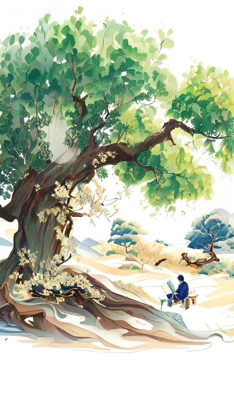 painting of a man sitting under a tree with a book, korean artist, reading under the tree,by pu hua, a beautiful artistic illust...