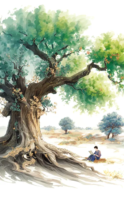 painting of a man Sitting under a tree with a book, Korean Artist, Reading under the tree, Inspired by Han Yonghao, by Pu Hua, A beautiful artistic illustration, author：Bian Xiangbi, Chinese Artists, Ancient Trees, Sitting under a tree, author Kim Hong-do,...